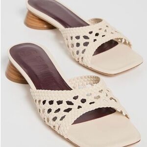 $430 STAUD SIMONE WOVEN LEATHER CROCHET WHITE SANDALS